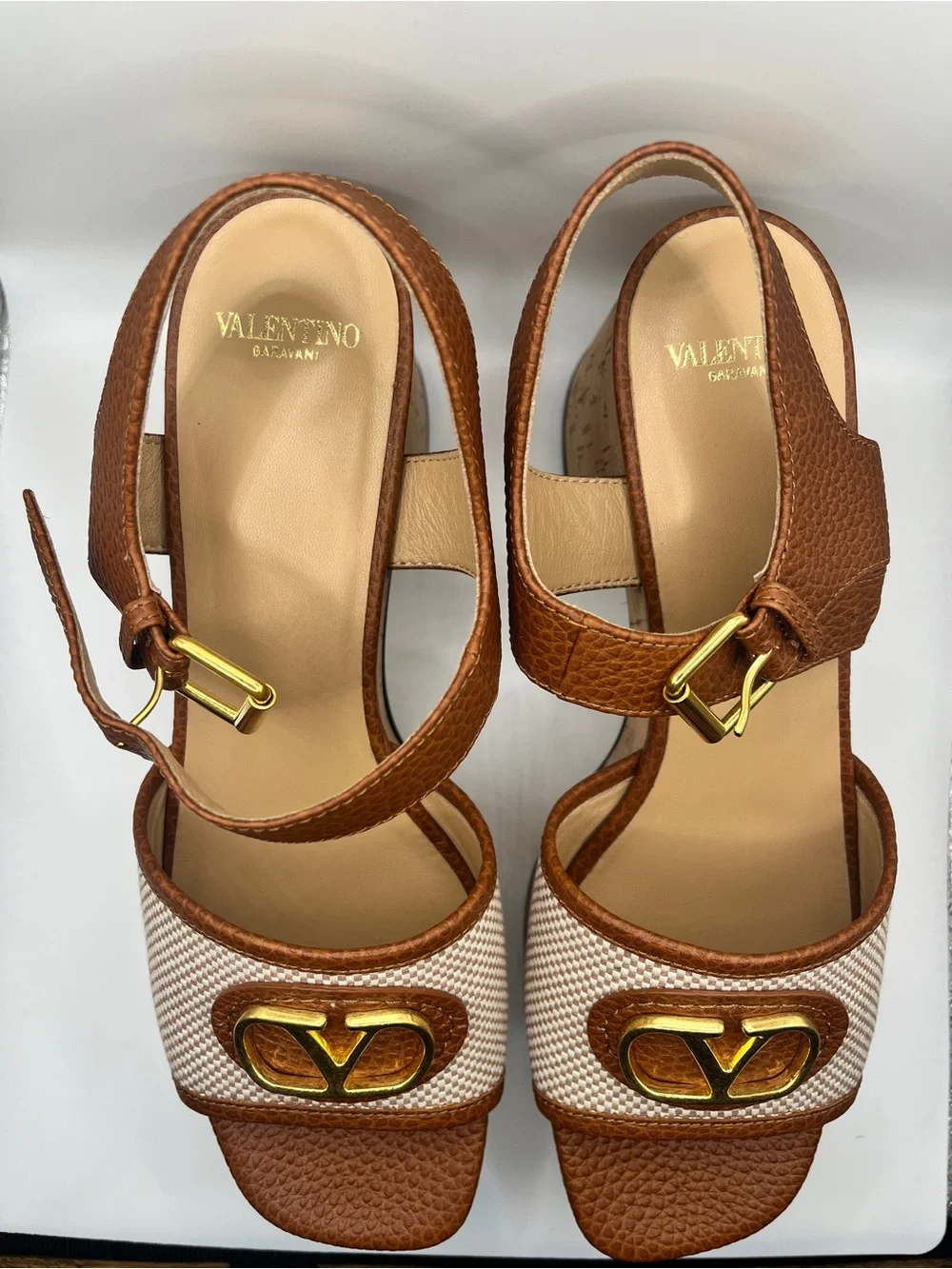 Valentino Brown & Ivory Cork Platform Slingbacks with Gold Logo
